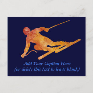 Orange Skier mit anpassbarem Text Postkarte