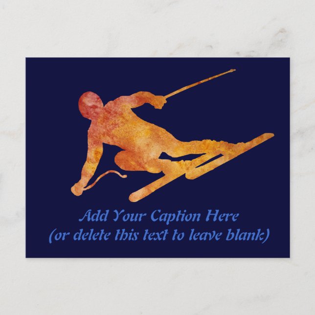 Orange Skier mit anpassbarem Text Postkarte (Vorderseite)