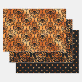 Orange Skull Halloween Damask Pattern Geschenkpapier Set