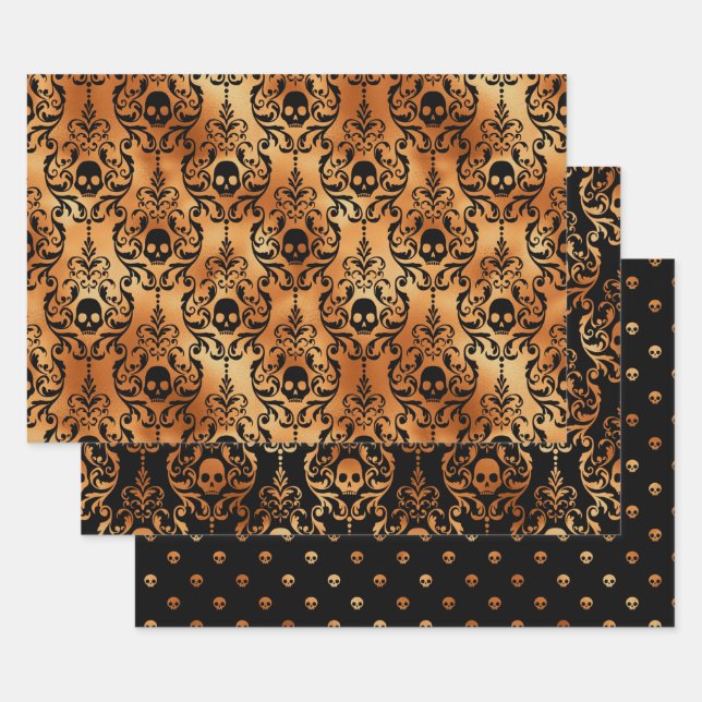 Orange Skull Halloween Damask Pattern Geschenkpapier Set (Set)