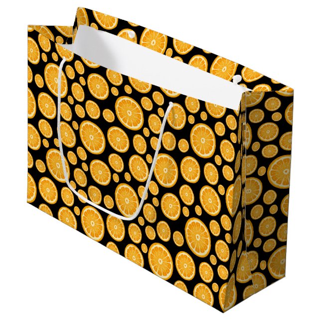 Orange Slice Citrus Frucht Black Große Geschenktüte (Vorderseite Schrägansicht)