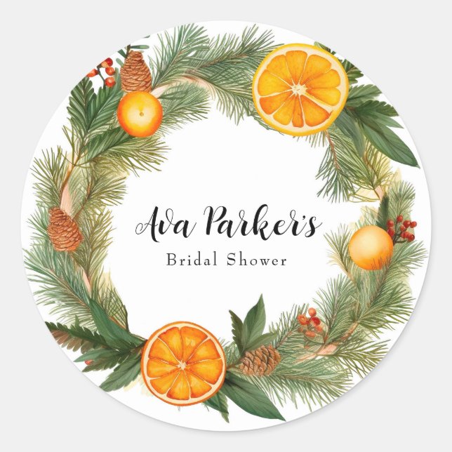 Orange Slice Green Pine Needles Brautparty Runder Aufkleber (Vorderseite)