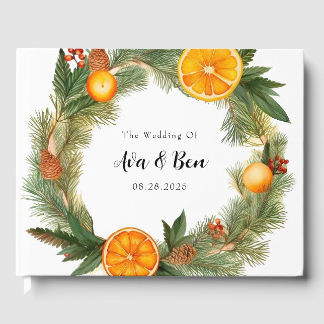 Orange Slice Green Pine Needles Wedding Gästebuch (Vorderseite)