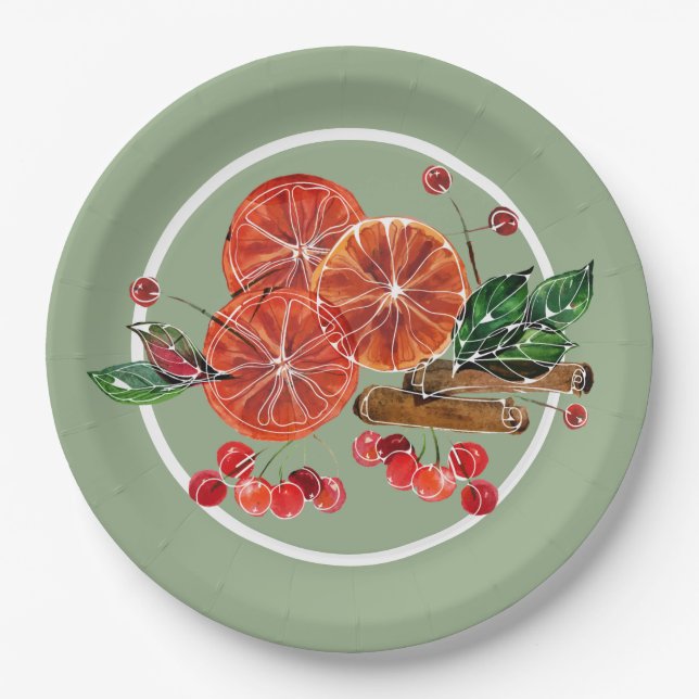 Orange Slices Cinnamon Sticks Berries Herbst Pappteller (Vorderseite)