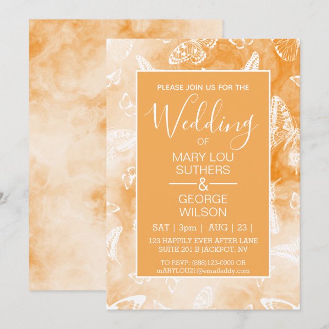 Orange Smokey Marble Butterflies Hochzeit Einladung (Vorne/Hinten)