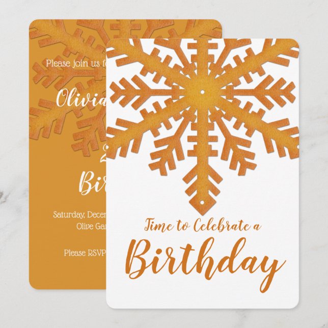 Orange Snowflake Winter Geburtstagsparty Einladung (Vorne/Hinten)