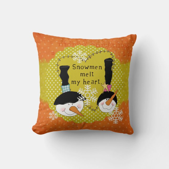 Orange Snowmen Melt My Heart Coussin de vacances (Recto)