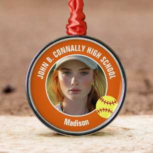 Orange Softball-Spielerin-Foto High School Weihnac Ornament Aus Metall
