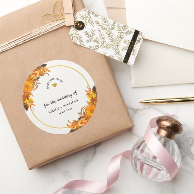 Orange Sonnenblumen Herbsthochzeit rettet das Datu Runder Aufkleber (Schenken)