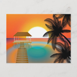 Orange Sonnenuntergang am Strand mit Palmen Zeichn Postkarte