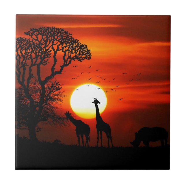 Orange Sonnenuntergang in der Giraffen-Silhouette Fliese (Vorderseite)