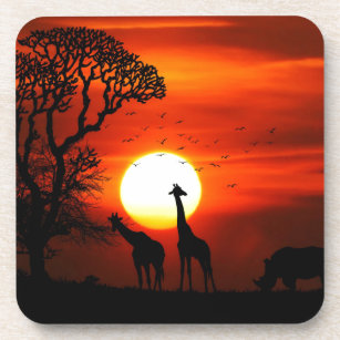 Orange Sonnenuntergang in der Giraffen-Silhouette Getränkeuntersetzer