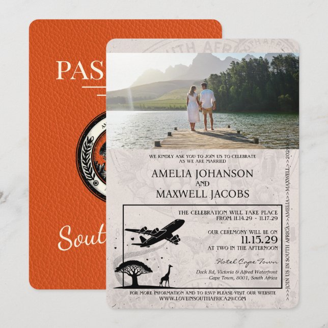 Orange South Africa Passport Wedding Einladung (Vorne/Hinten)