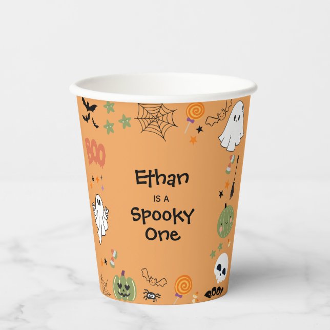 Orange Spooky Ein Niedliches Halloween 1. Geburtst Pappbecher (Vorderseite)