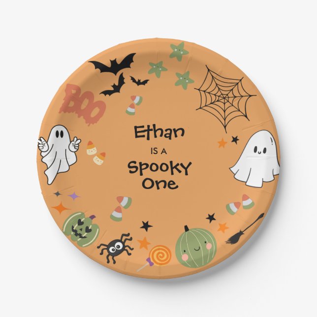 Orange Spooky One Cute Halloween 1st Birthday Pappteller (Vorderseite)