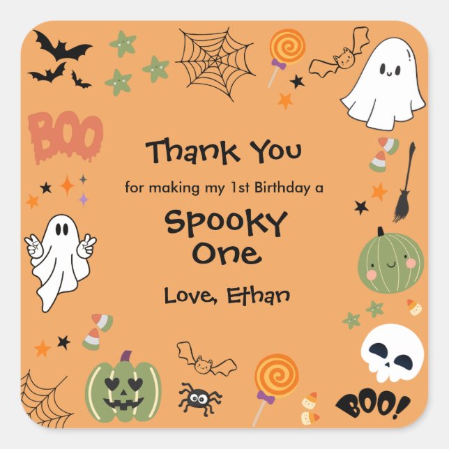 Orange Spooky One Cute Halloween 1st Birthday  Quadratischer Aufkleber (Vorderseite)