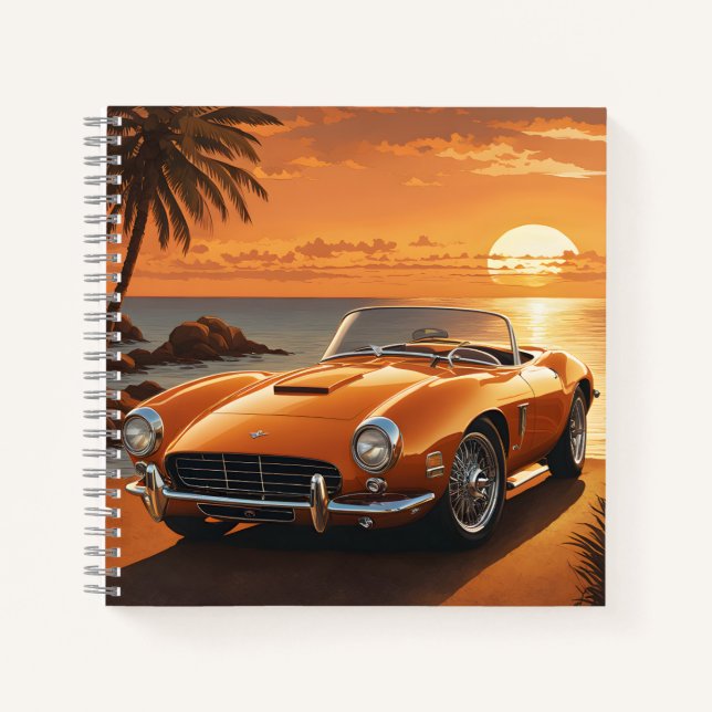 Orange Sportscar Sunset Tropical Beach Notizbuch (Vorderseite)