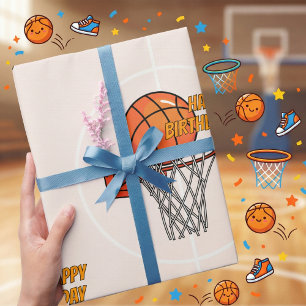 Orange Sporty Basketball Hoop Happy Birthday Geschenkpapier