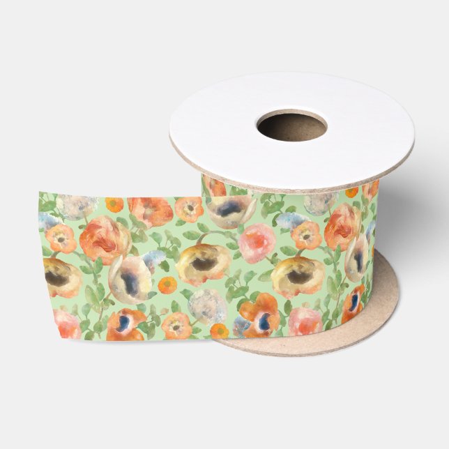 Orange Spring Flowers Satinband (Spule)