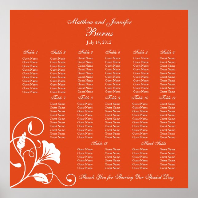 Orange Square Hochzeitsstichtabelle Poster (Vorne)