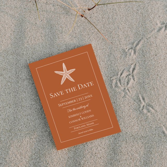Orange Starfish Monogram Foto Save The Date (Burnt Orange Starfish Monogram Photo Save the Date)