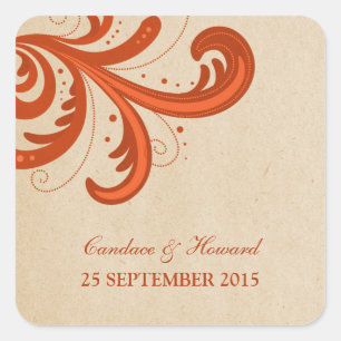 Orange Stilvolle Wirbel Hochzeitsticker Quadratischer Aufkleber