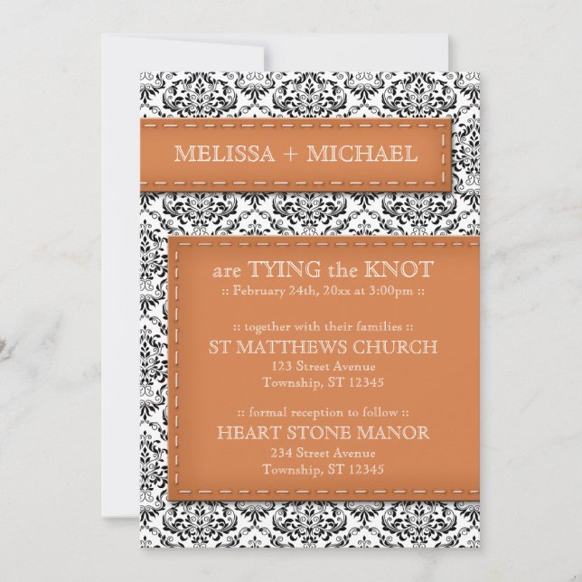 Orange Stitched Damask Wedding Einladungen (Vorderseite)