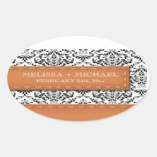 Orange Stitched Damask Wedding Large Favor Sticker