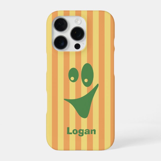 Orange Streifen Grüner Quirkiger Smiley iPhone 16 Pro Hülle (Rückseite)