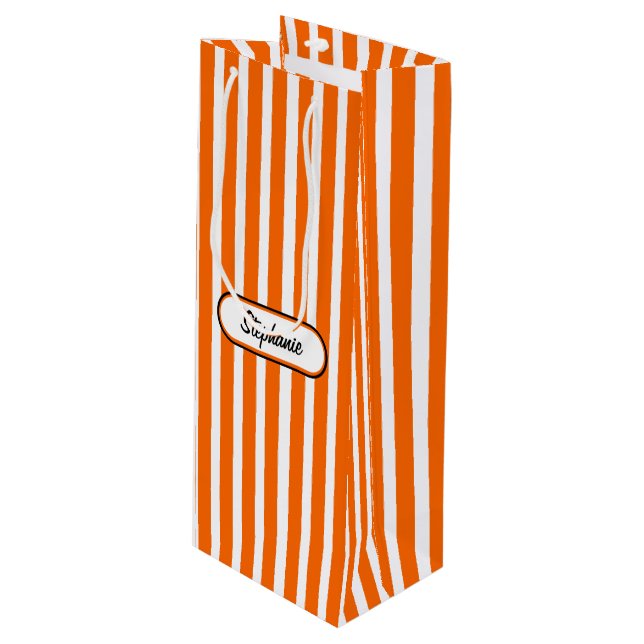 Orange Streifen Muster Personalisiert Geschenktüte Für Weinflaschen (Vorderseite Schrägansicht)