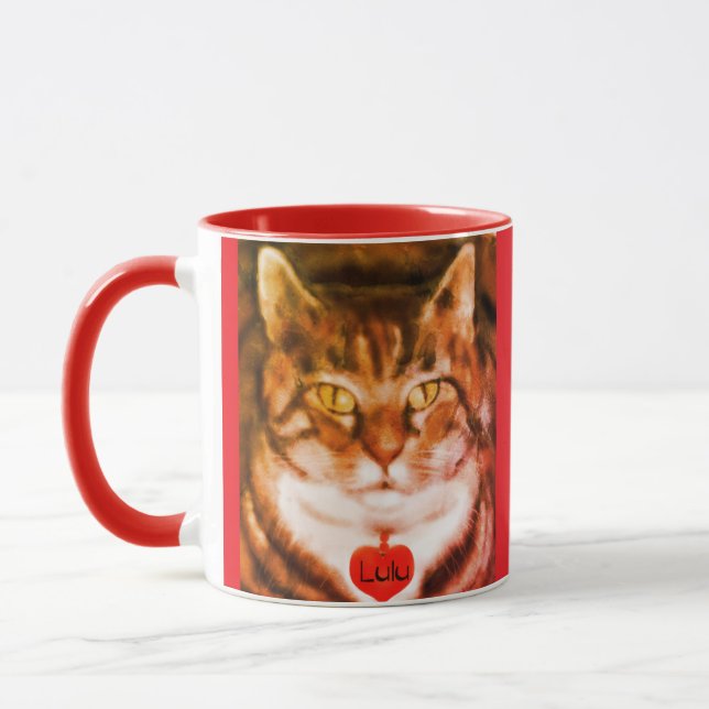 Orange striped Cat Red Trim Tasse (Links)