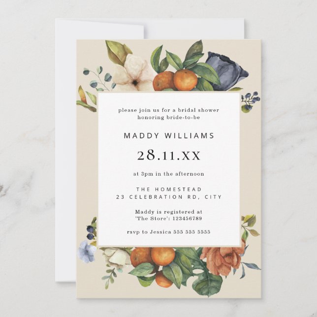 Orange Summer Floral Botanic Boho Brautparty Einladung (Vorderseite)