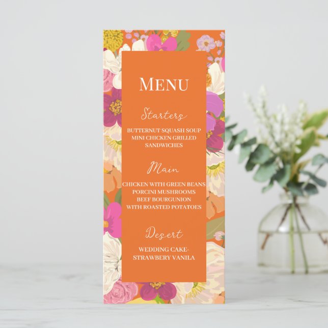 Orange Summer Floral Garden Wedding Menükarte (Stehend Vorderseite)