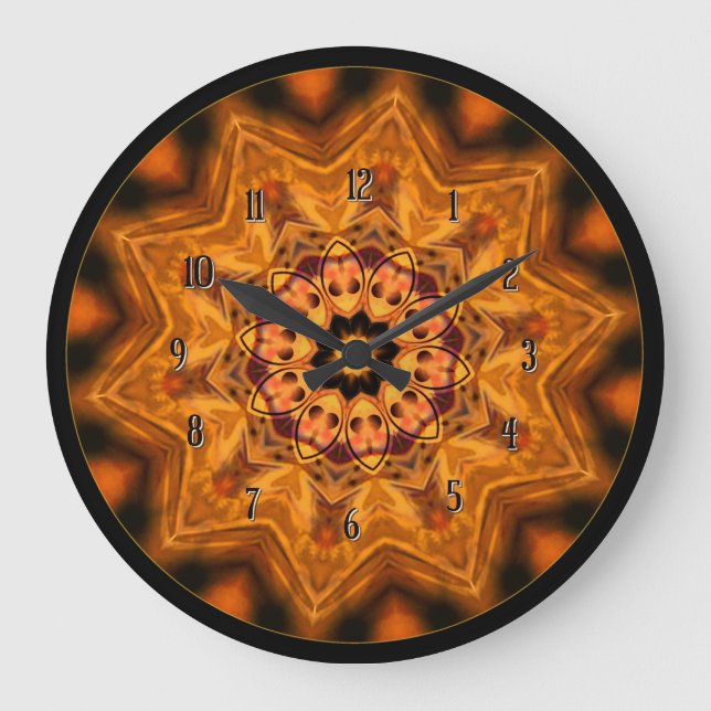 Orange Sunburst Mandala Wall Clock Große Wanduhr (Vorderseite)