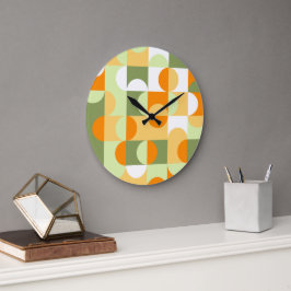 Orange Sunny Yellow Dunkel Green Retro Art Muster Große Wanduhr