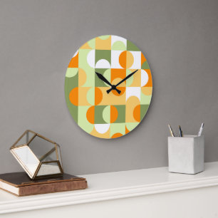 Orange Sunny Yellow Dunkel Green Retro Art Muster Große Wanduhr