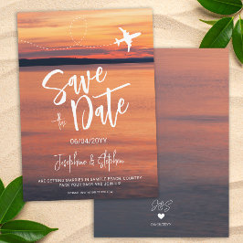Orange Sunset Airplane Form Hochzeit in Urlaubsort Save The Date