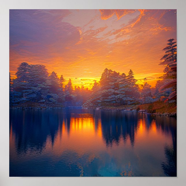Orange Sunset am Calm Forest Lake Poster (Vorne)
