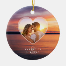 Orange Sunset Heart Couple Foto und Namen Keramik Ornament