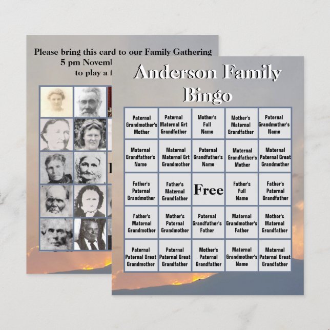 Orange Sunset Mountain Foto Family Bingo (Vorne/Hinten)