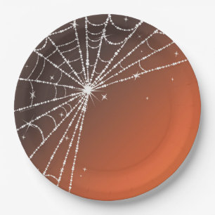 Orange Sunset Sparkling Diamond Spider Web Pappteller