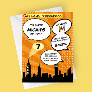 Orange Superheros Comic Book Styling Birthday Part Einladung