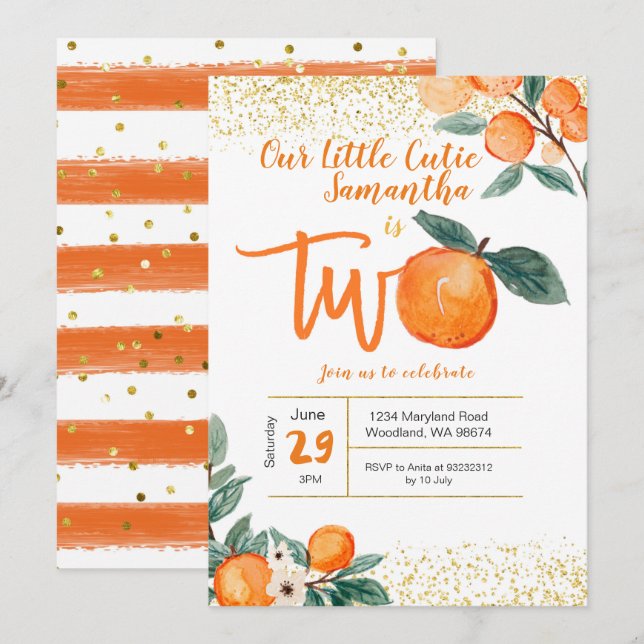 Orange Süsse Second Birthday Gold Glitzer Einladung (Vorne/Hinten)