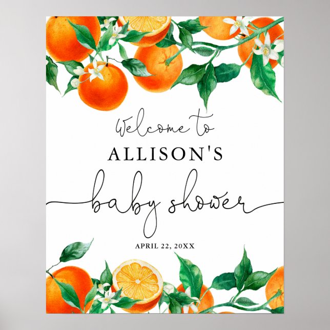 Orange Süsse Zitrusfrüchte Babydusche Begrüßung Poster (Vorne)