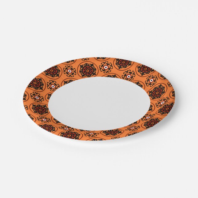 Orange-Suzani-Muster Pappteller (Schrägansicht)
