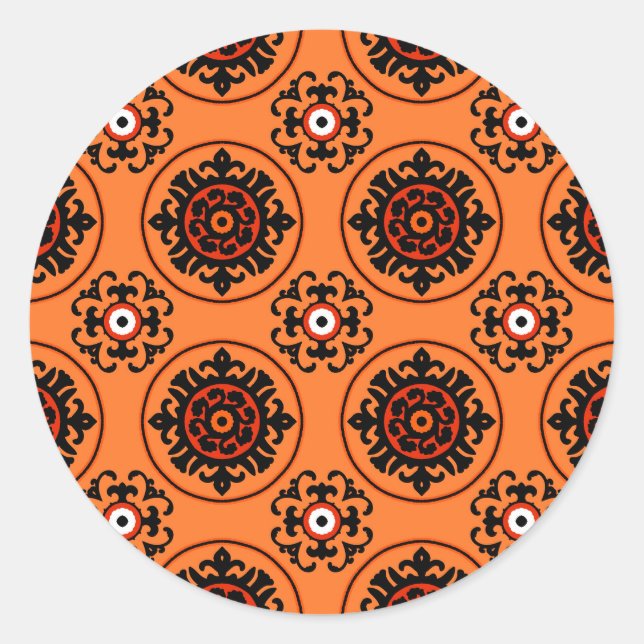 Orange Suzani Muster Runder Aufkleber (Vorderseite)
