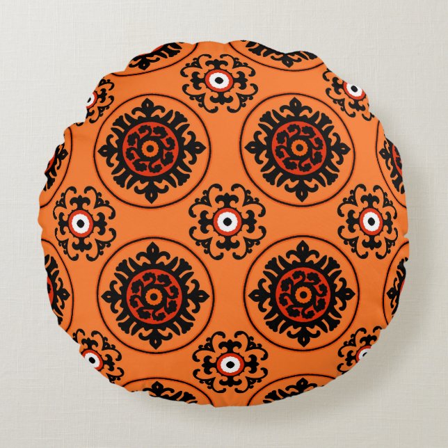 Orange Suzani Muster Rundes Kissen (Vorderseite)