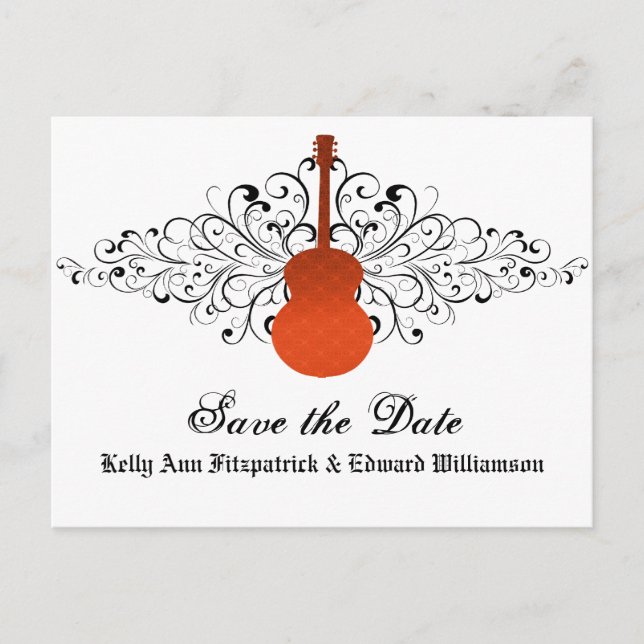 Orange Swirls Guitare Enregistrer la date Carte po (Devant)