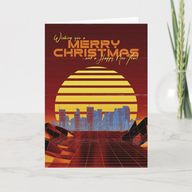Orange Synthwave Weihnachtskarte Feiertagskarte (Vorderseite)
