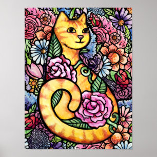 Orange Tabby Cat Flower Garden Poster
